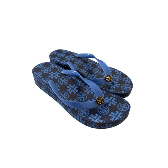 TORY BURCH Blue Gold Platform Flip Flops Sandals Size 8 - Picture 8 of 10